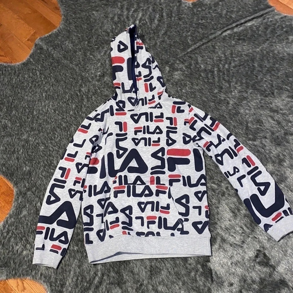 FILA multi coloured logo  printed unisex boy hoodie Sz XL - Picture 4 of 9